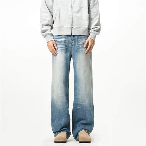FLYOFF美式复古水洗阔腿蓝色牛仔裤新款潮流百搭宽松直筒裤子男女