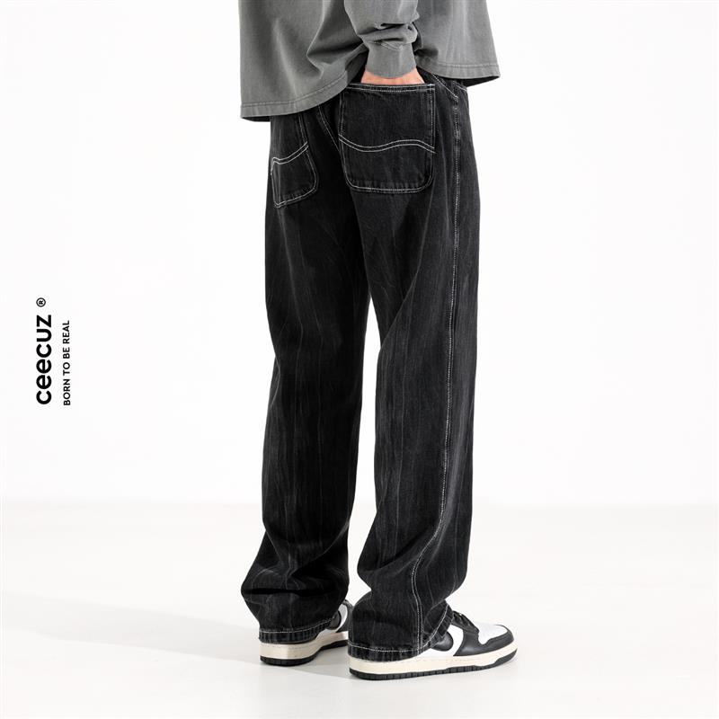 Ceecuz 美式cleanfit复古扎染水洗黑色牛仔裤男款宽松直筒长裤子