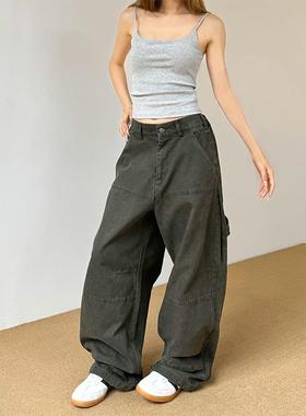 Don Cry 水洗做旧军绿色工装裤男女美式复古宽松直筒阔腿休闲裤子