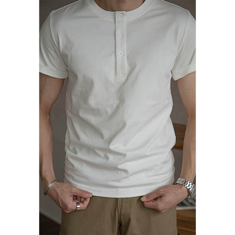 唔刃 300g重磅T恤亨利衫短袖双纱纯棉美式复古硬汉内搭打底衫夏男