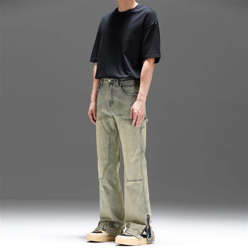 【反方向牛仔裤】UNKNOWTAL 水洗裤脚拉链微喇弹性宽松牛仔裤