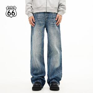 ROUTE66美式复古闪电裂纹微喇牛仔裤男秋冬厚款蓝色宽松直筒长裤