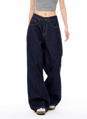 Ganyoou 美式复古深蓝色丹宁牛仔裤男女阔腿水洗sagging直筒裤子