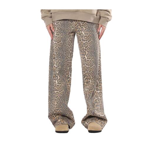 AJEM秋冬trinite豹纹裤做旧复古直筒显瘦高街豹纹牛仔裤阔腿长裤