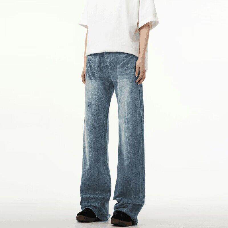 YEBOUN美式潮牌闪电纹水洗牛仔裤男女高级感宽松直筒阔腿高腰裤子