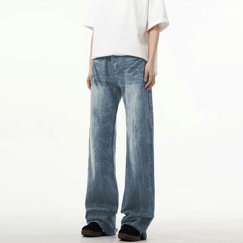 YEBOUN美式潮牌闪电纹水洗牛仔裤男女高级感宽松直筒阔腿高腰裤子
