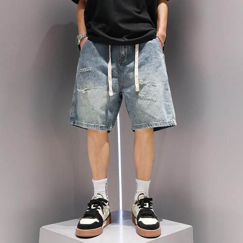 夏季男生破洞松紧腰牛仔短裤潮牌高级感蓝色大码五分休闲裤