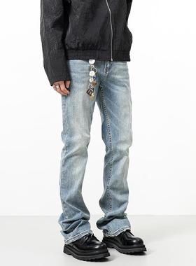 RAIN EDM美式高街水洗微喇叭牛仔裤男浅蓝色直筒休闲cleanfit裤子