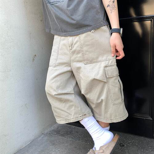 Nevoko 美式复古纯色牛仔七分裤多口袋设计工装裤水洗短裤男女