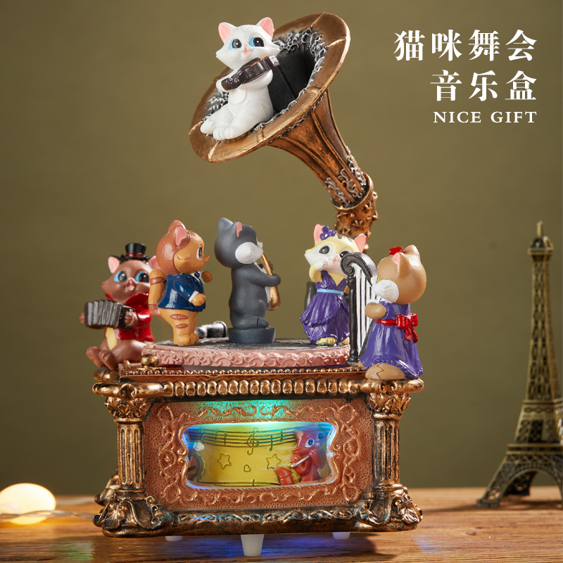 猫咪音乐盒八音盒复古可旋转小女孩女童儿童女友朋友生日礼物摆件