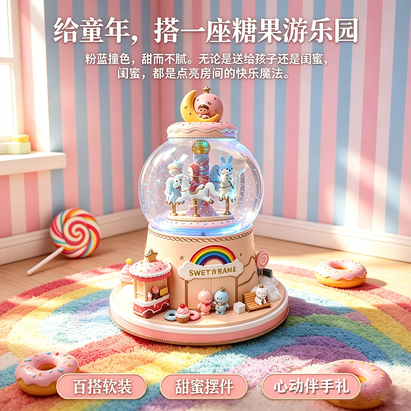 旋转木马水晶球音乐盒发光八音盒梦幻游乐场女孩儿童生日礼物摆件
