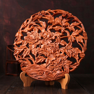 中国风玄关富贵礼品客厅书房 桃木花开富贵摆件挂件木雕中式