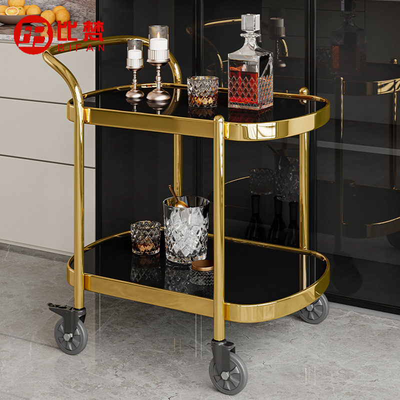 比梵移动餐车酒水车玻璃车小推车商用双层轻奢餐厅豪华茶水手推车