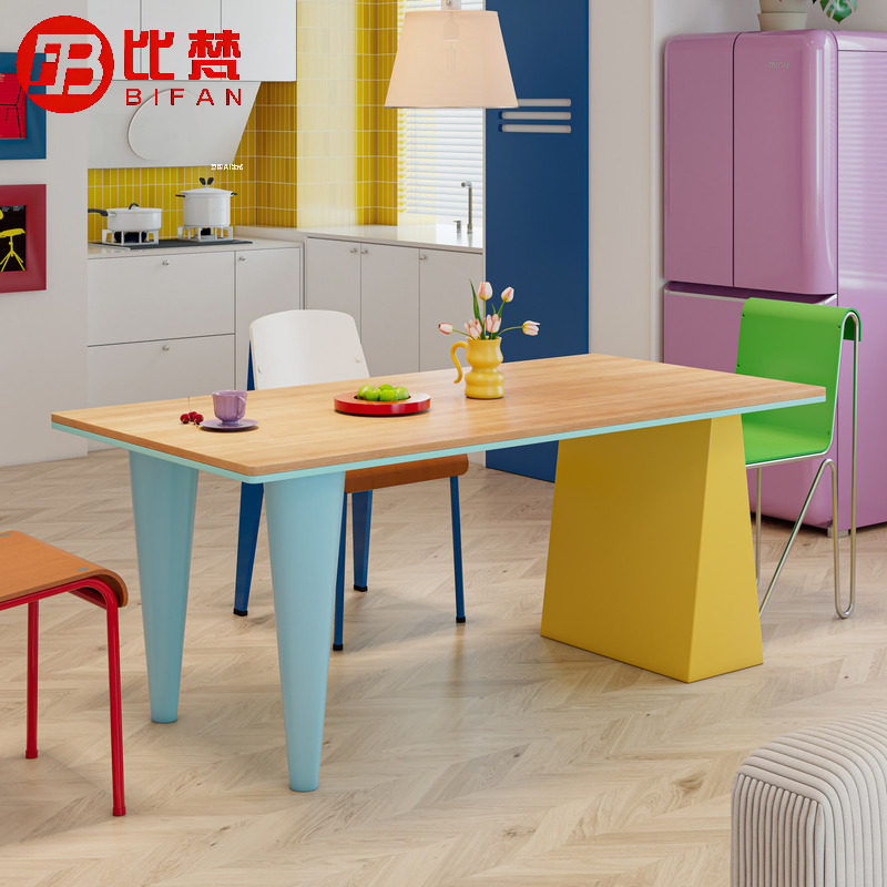 彩色餐桌多巴胺长方形家用实木办公书桌小户型电脑桌孟菲斯工作台
