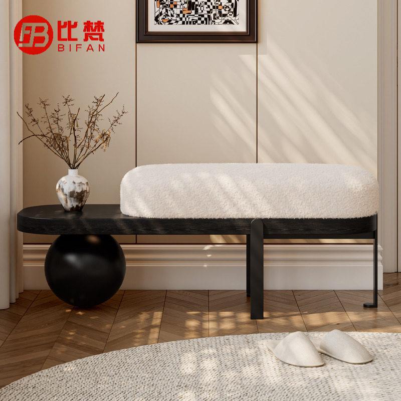 轻奢换鞋凳门口家用实木长条凳入户门穿鞋凳子中古客厅软包沙发凳