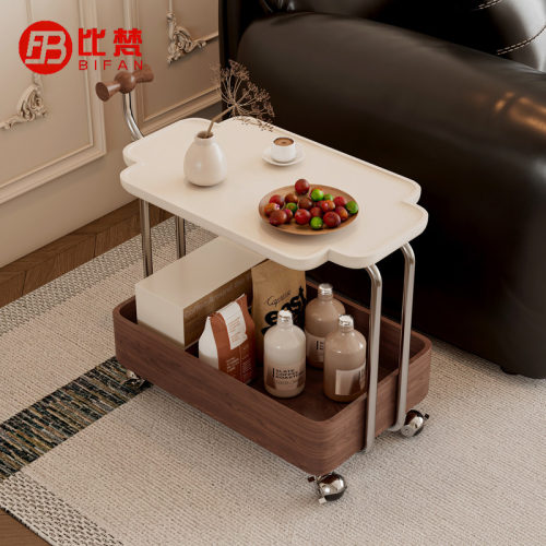 实木可移动推车胡桃木色边几