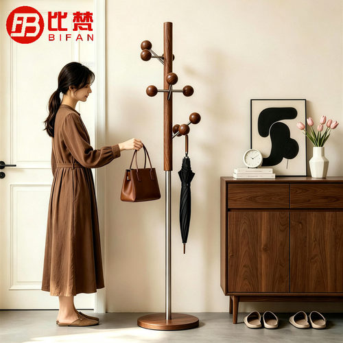 实木中古风落地衣帽架胡桃木色