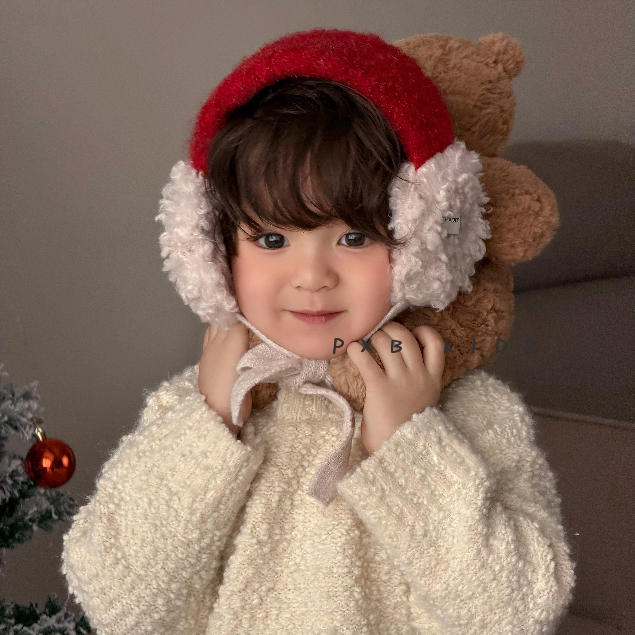 圣诞氛围感~ins韩系秋冬保暖红色喜庆新年耳罩儿童系带护耳围脖潮