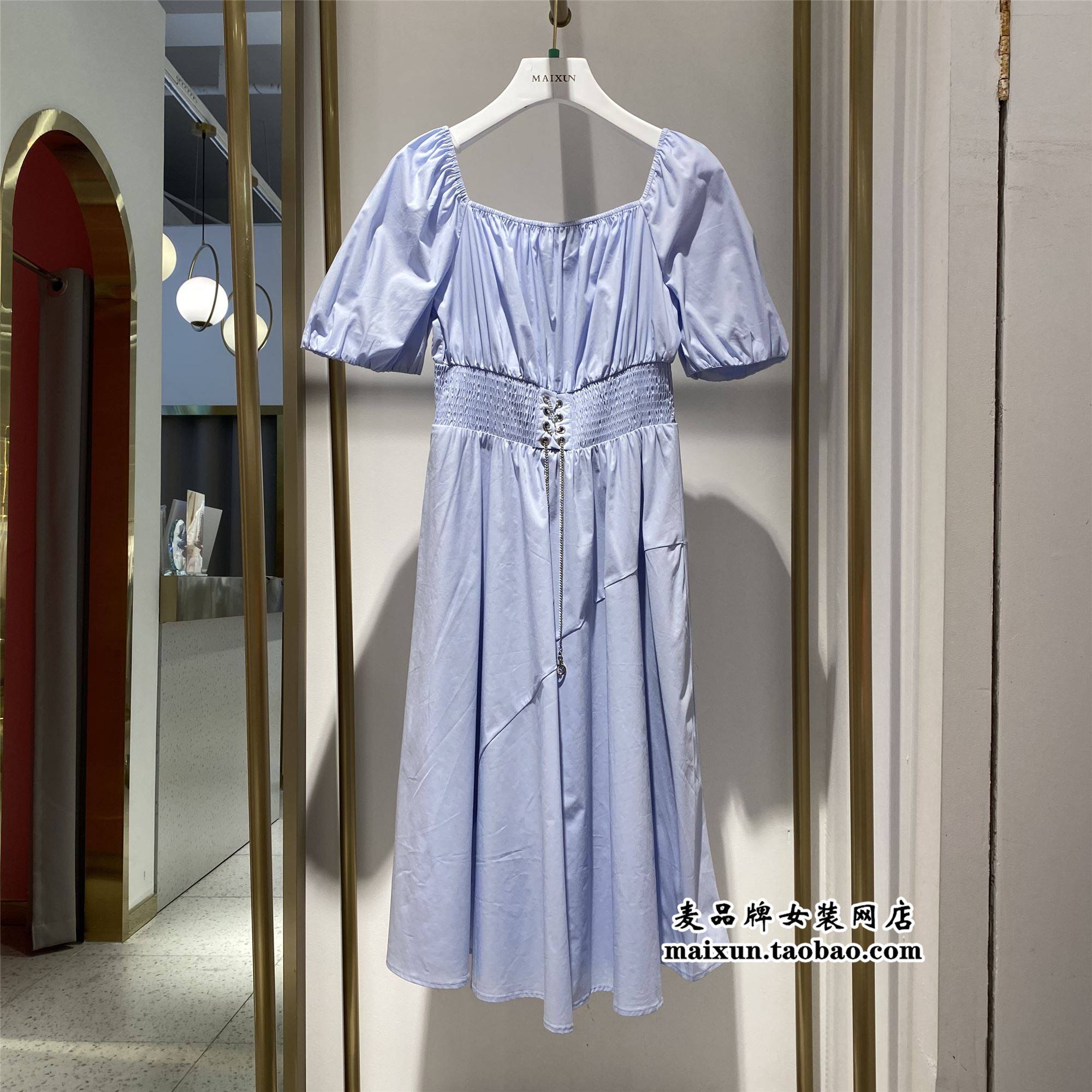 麦寻女装2021夏季新款nqlm2023法式方领韩版收腰一字领仙女连衣裙