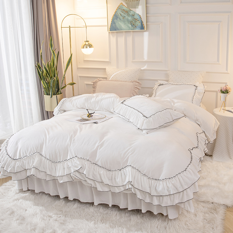 合格品四件套珊瑚绒欧式用品床裙公主斜纹加厚床上Y法兰绒贴布u.