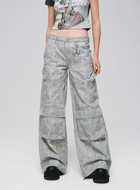 Lapaki Paka 复古水洗雪花做旧感 Y2K低腰A型挺括工装牛仔长裤