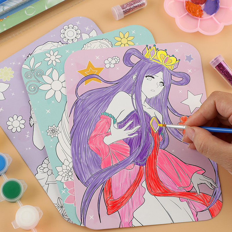 叶罗丽金粉彩绘画儿童DIY颜料填色画女孩公主水彩画涂色益智套装