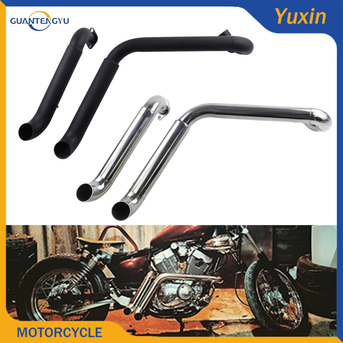 适用雅马哈XV400 XV535 改装复古排气管 弯口双管45°直出排气