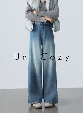 Uni Cozy【清仓季】水流纹理设计秋冬季节高腰加绒阔腿牛仔裤 001