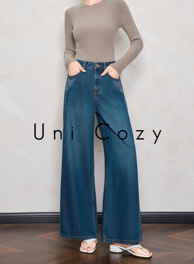 Uni Cozy【Ins街拍老钱风】复古随性刺绣阔腿牛仔裤秋冬新款 955