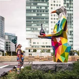 不锈钢动物雕塑几何熊猫鹿卡通发光抽象玻璃钢幼儿园摆件景观商业