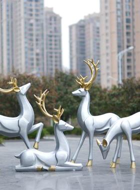 户外玻璃钢仿铜梅花鹿雕塑售楼部园林景观小区草坪落地装饰品摆件