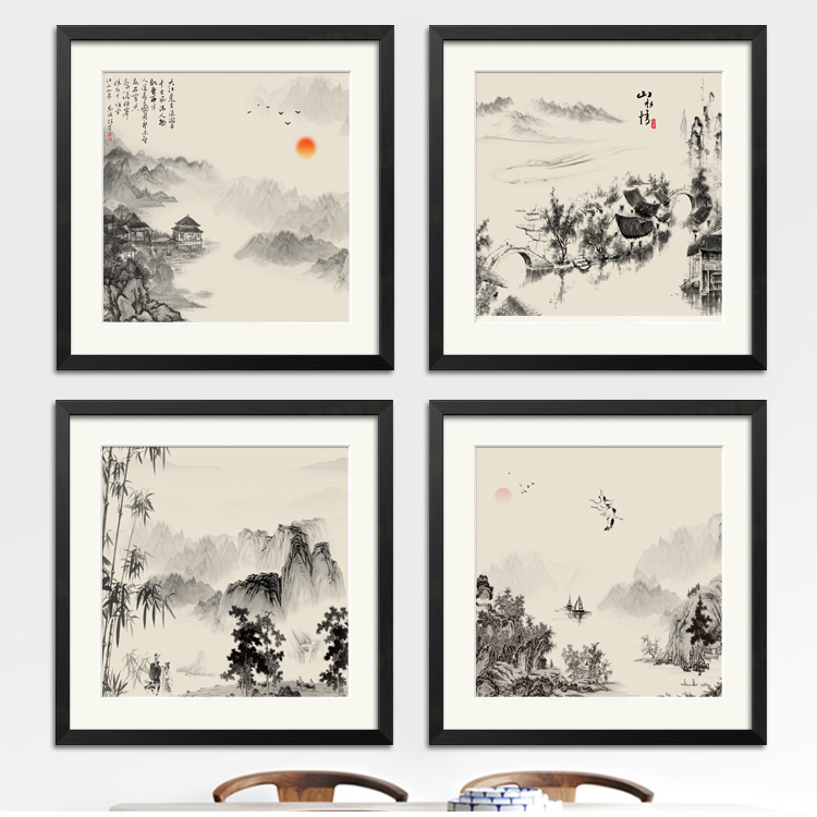 黑白复古装饰画禅意山水画中式挂画饭店包厢墙面小尺寸水墨画国。