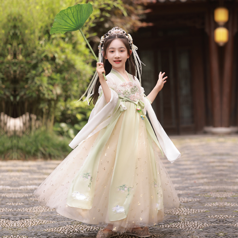 女童漢服連衣裙短袖兒童古裝超仙古風(fēng)唐裝古箏春夏舞蹈演出服童裝