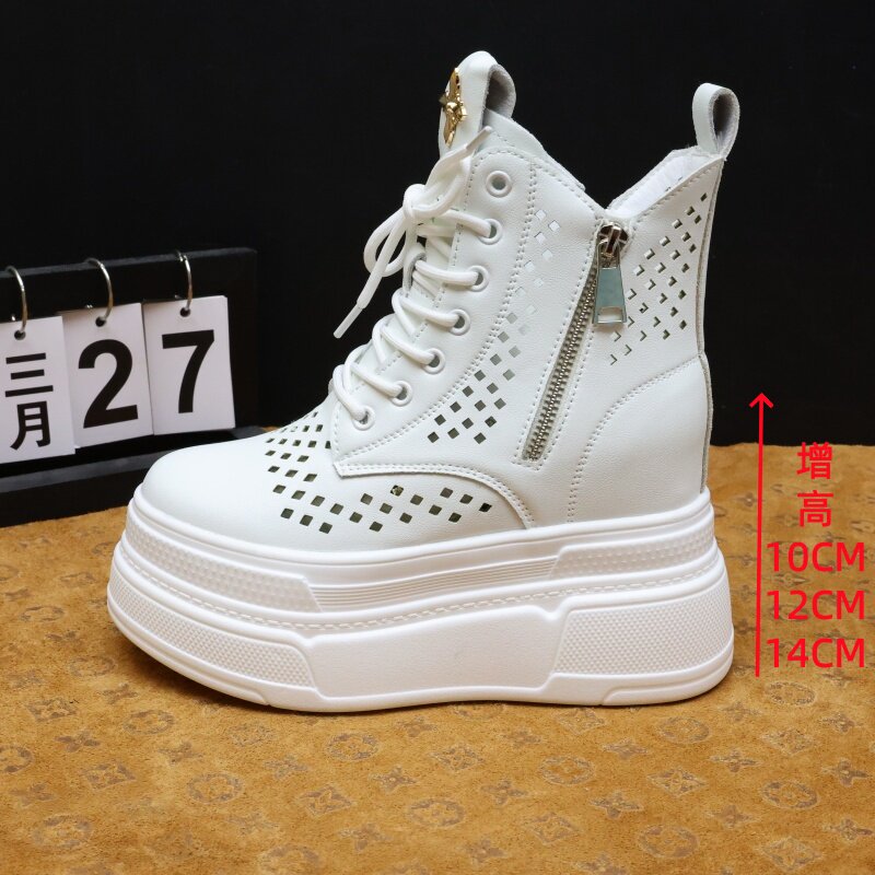 白色镂空透气厚底马丁靴女夏季10-14CM内增高厚底小个子短靴12cm