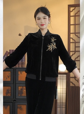 【叠叶】秋季真丝绒时尚高级感真丝丝绒高端立领宽松上衣25456