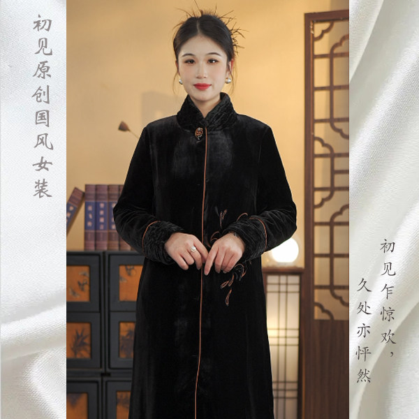 2023冬季新款真丝丝绒高贵洋气冬季刺绣中长款丝绒棉服 J-23810