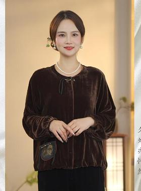 丝绒上衣2025春秋新款经典圆领开衫刺绣外套上衣百搭时尚 J-23517