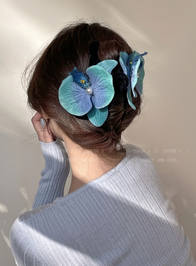 湿雾鸢尾蓝~蝴蝶兰抓夹甜美花朵盘发鲨鱼夹后脑勺春夏甜美发抓女