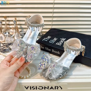 女童凉鞋夏款洋气公主鞋平底儿童女孩漂亮小皮鞋银色闪闪水晶鞋子