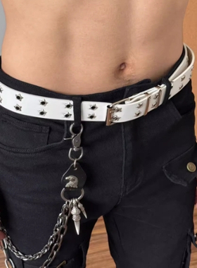 双排星星铆钉白色腰带男美式高街裤子配饰复古牛仔裤皮带裤带扣带