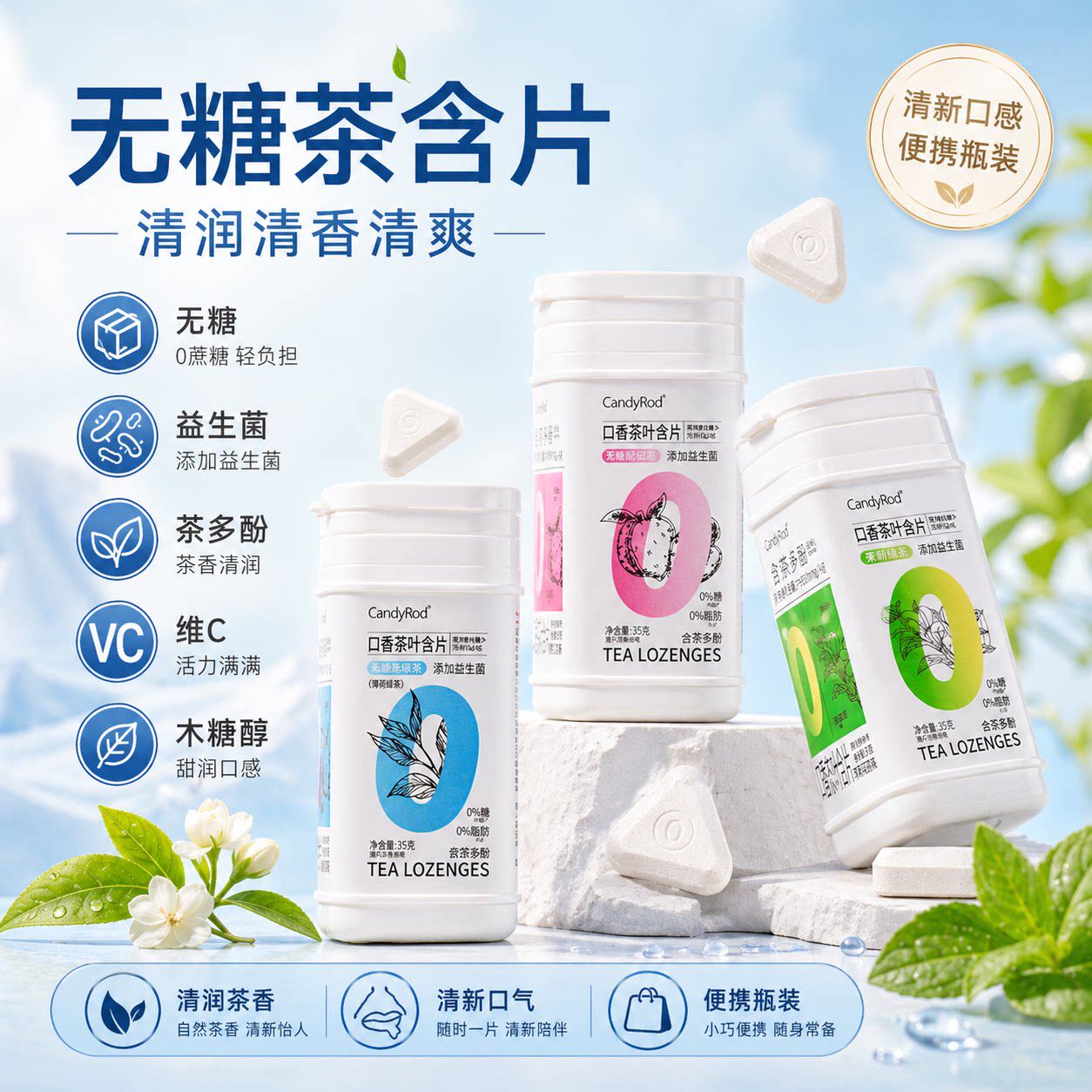 益生菌含片无糖薄荷糖口香糖茶多酚口气清新糖清润糖0糖0脂罐装