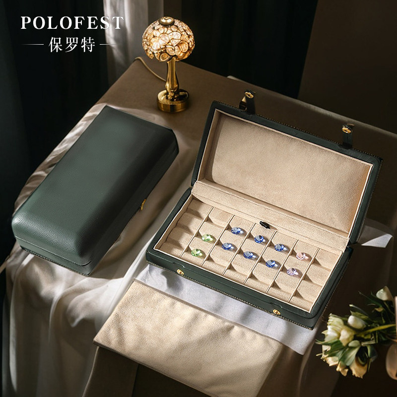 POLOFEST真皮羊皮裸钻收纳盒防氧化超软材质保护宝石彩宝首饰盒