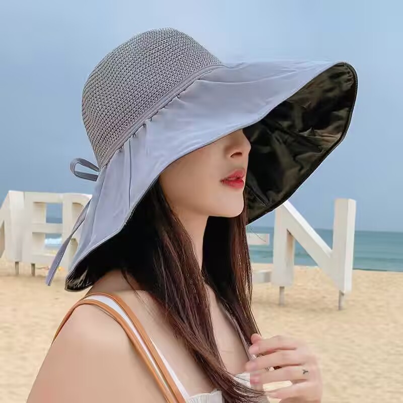 黑胶防晒防紫外线遮阳帽子女春季夏天户外遮脸沙滩大檐太阳帽百搭