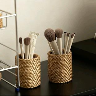 天然藤编笔筒梳妆台化妆刷收纳盒桌面轻奢眼线笔眉笔刷子收纳筒