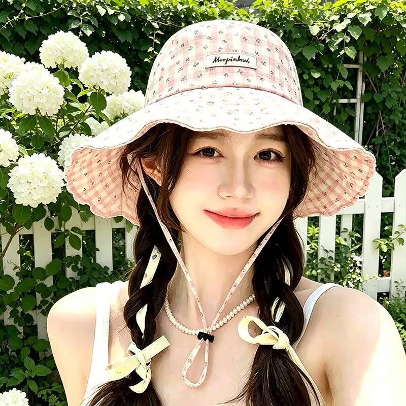 甜美碎花黄色渔夫帽女夏季户外薄款透气遮阳防晒帽大帽檐显脸小