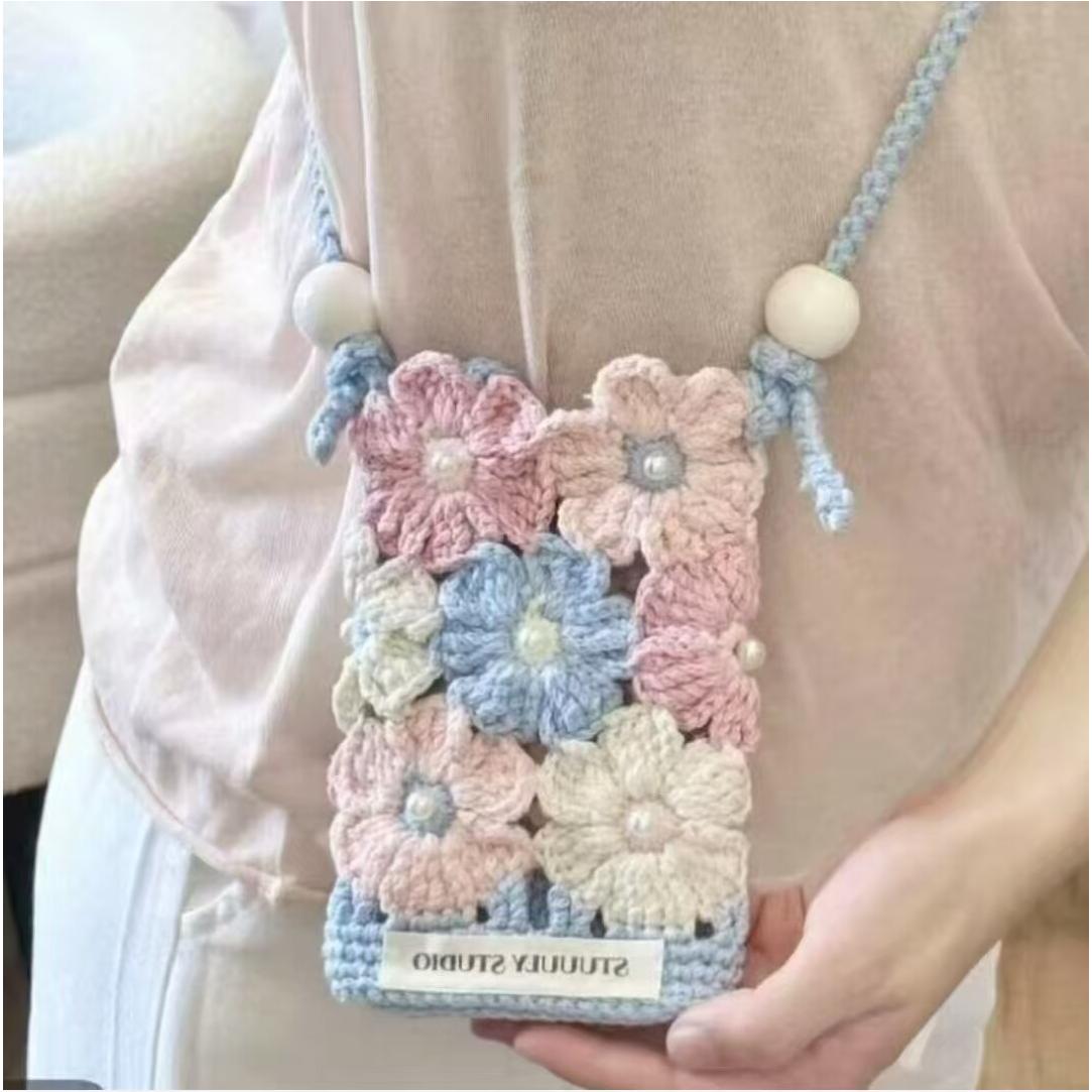 春日小花包珍珠手机包斜挎毛线编织DIY材料包手工钩织