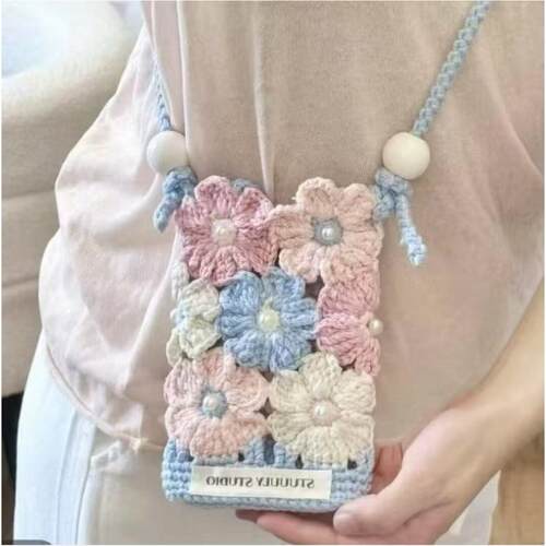 春日小花包珍珠手机包斜挎毛线编织DIY材料包手工钩织