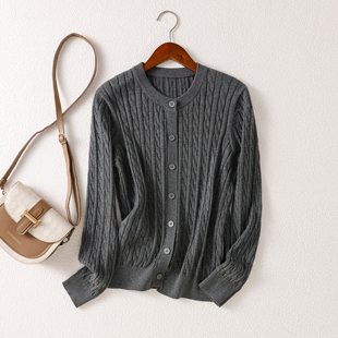 针织衫 100%纯棉休闲麻花针织毛衣纽扣开衫 新款 气质春季 圆领长袖
