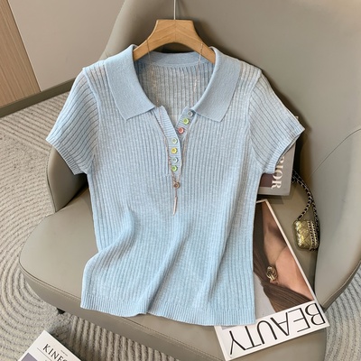 2025夏季新款翻领冰丝针织衫薄款大码宽松显瘦百搭短袖上衣T恤女