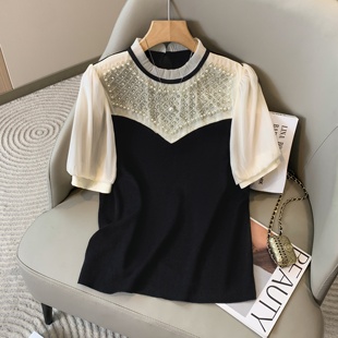 大码2025年夏季新款洋气重工钉珠针织衫女薄款宽松显瘦短袖上衣